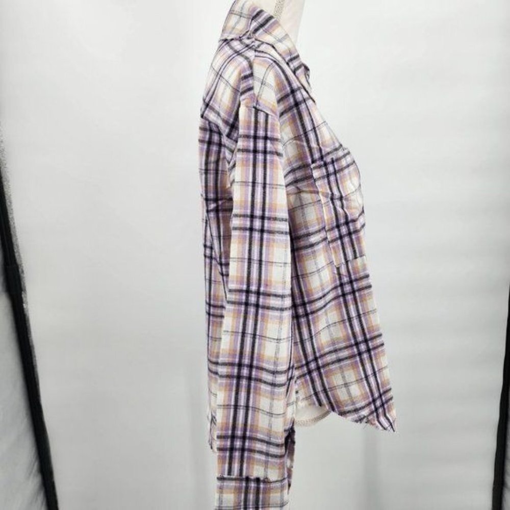 VEVERET Plaid Button Down Long Sleeve Raw Hem Shacket Shirt Lavender M & L NWT - Picture 14 of 16